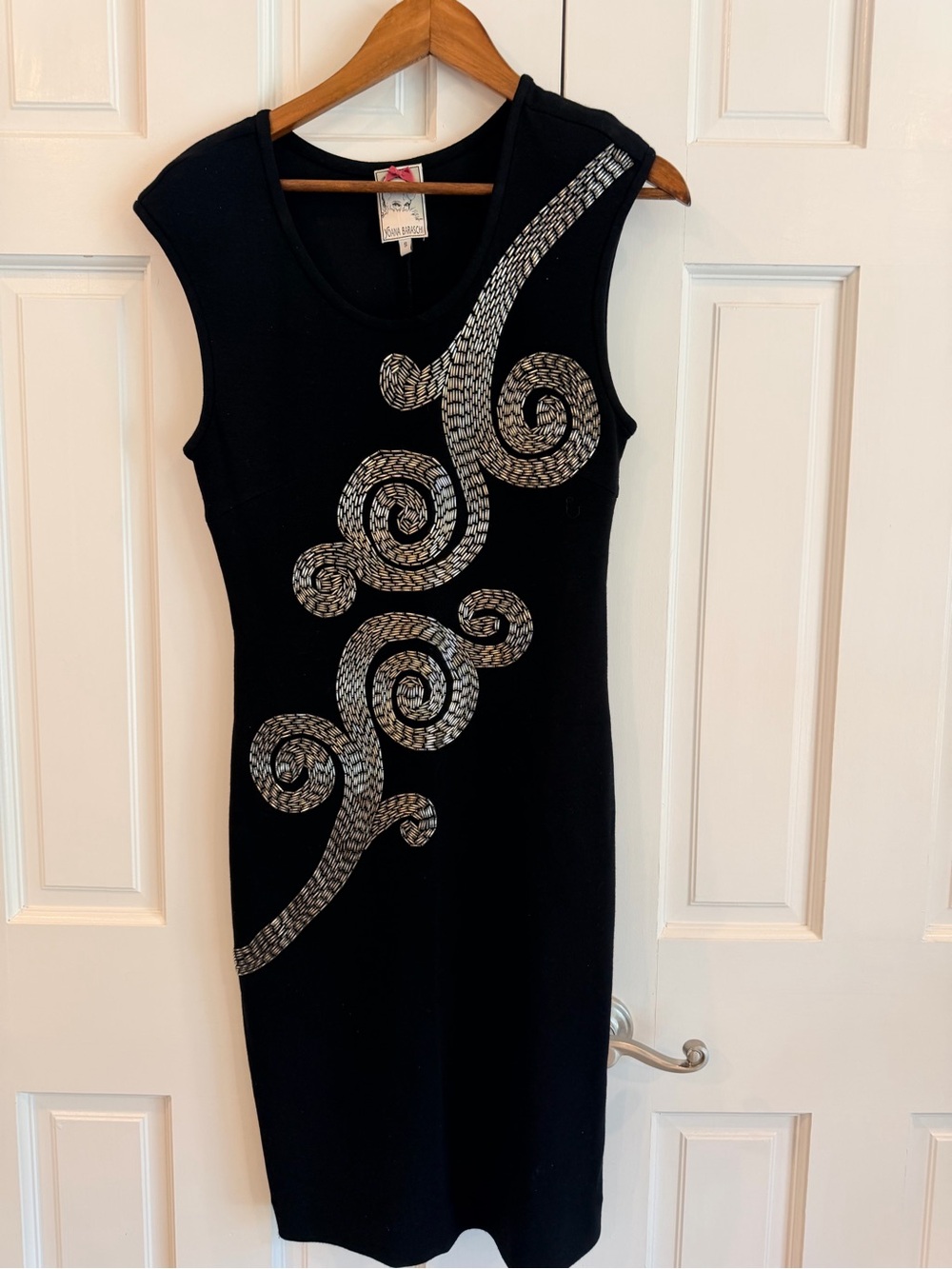 Yoana Baraschi Black Midi Dress with Silver Swirl Appliqué